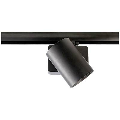 A black cylindrical spotlight is mounted on a ceiling track.