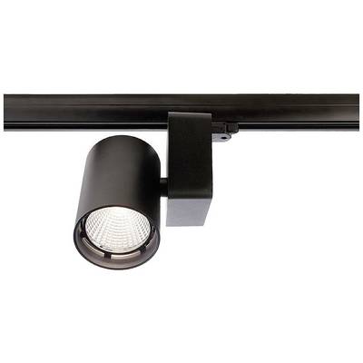 A black track light with a cylindrical lamp head hangs from a ceiling mounting, ready to illuminate a room.
