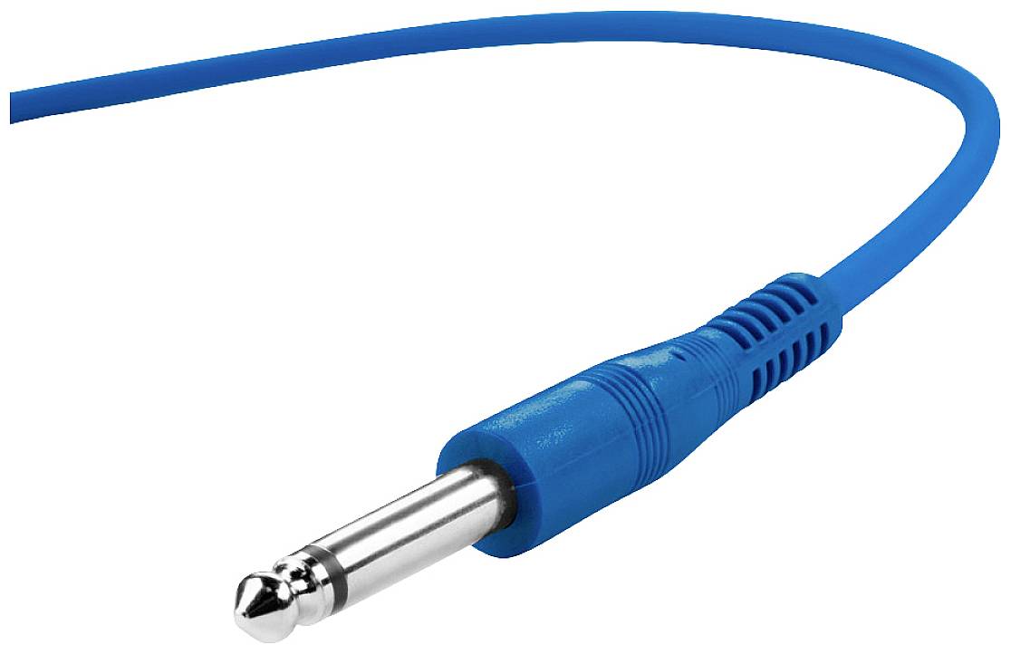 Blue audio cable with silver jack plug, typical for connecting musical instruments or audio devices.