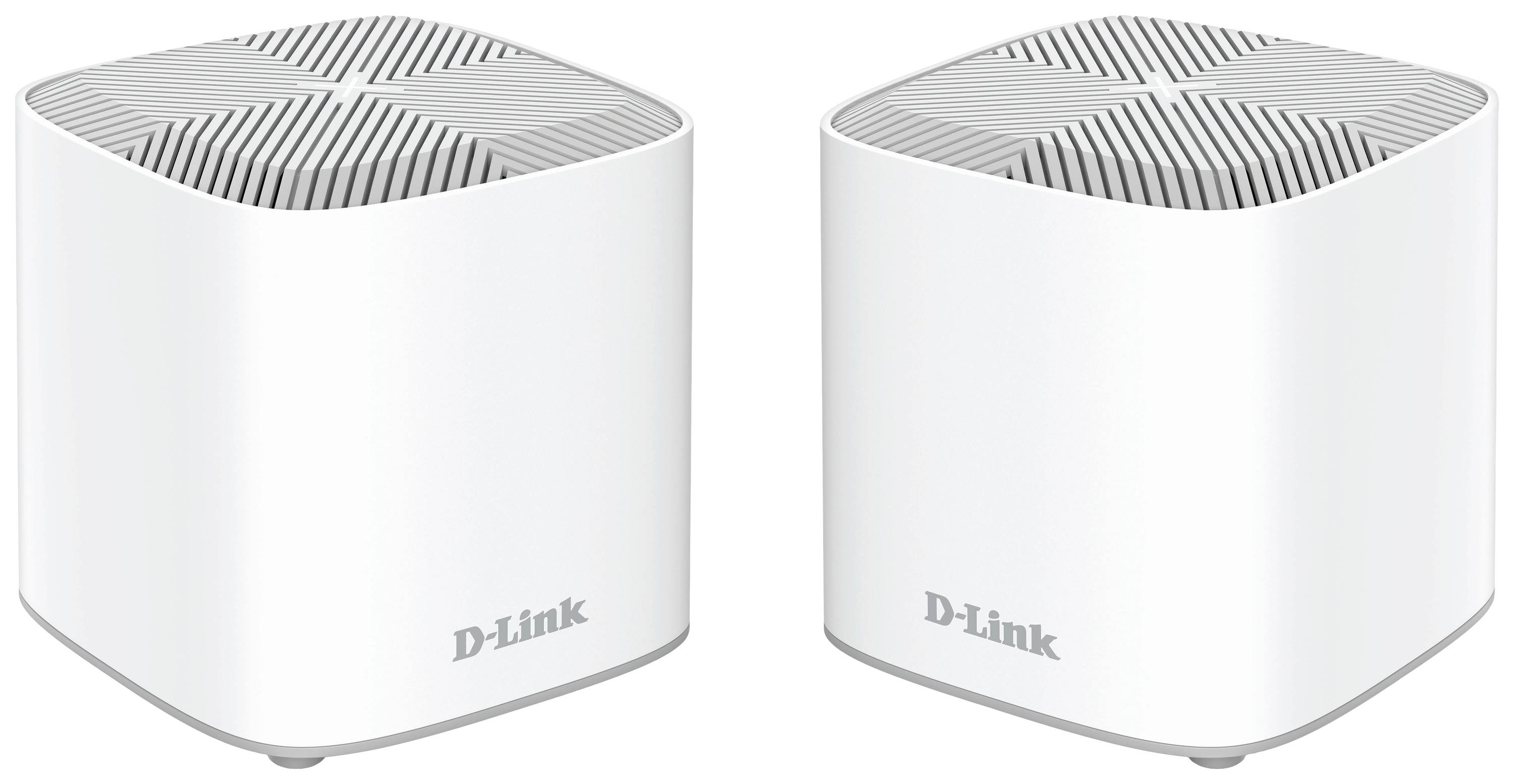 Two white, cube-shaped Wi-Fi routers by D-Link with ventilation slots on the top surface.
