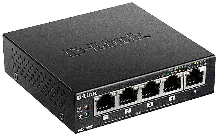 A D-Link network switch, model DGS-1005P, with five Ethernet ports, suitable for Power over Ethernet (PoE) applications.