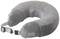 Grey neck pillow with adjustable strap and control panel; ergonomic design for travel and comfort.