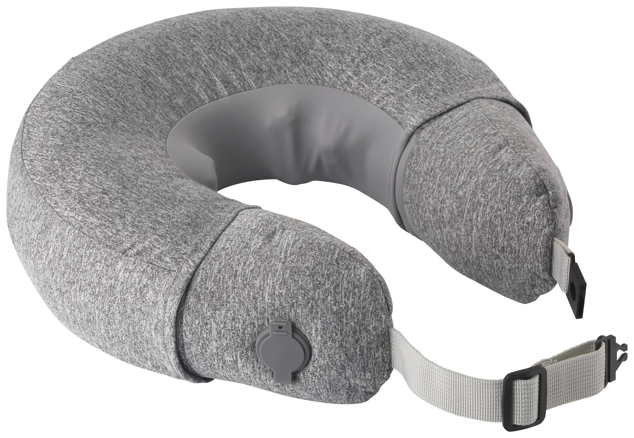 Grey U-shaped neck pillow with adjustable strap. Ideal for travelling, provides comfort and support for the neck.