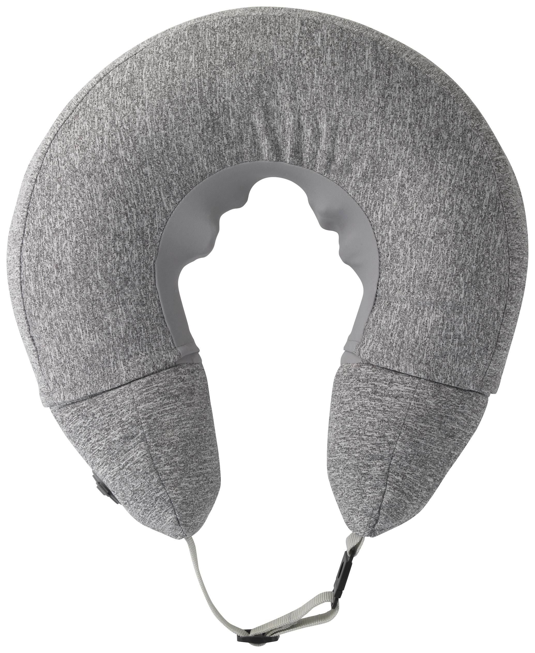 Grey horseshoe-shaped neck pillow with soft texture and adjustable strap to support the neck whilst travelling.