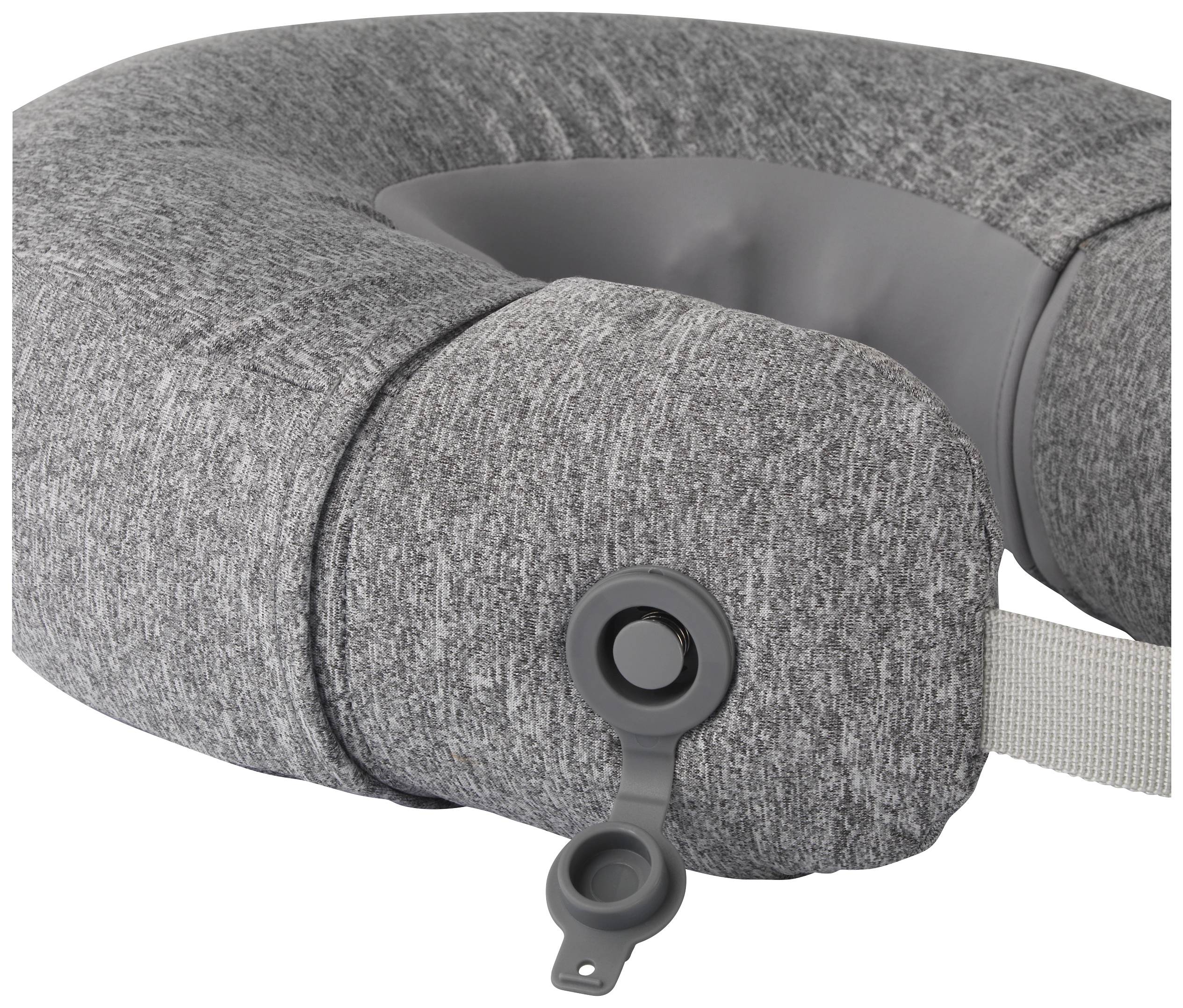 Travel neck pillow in grey with a grey inflation valve. Ideal for supporting the neck during travel.