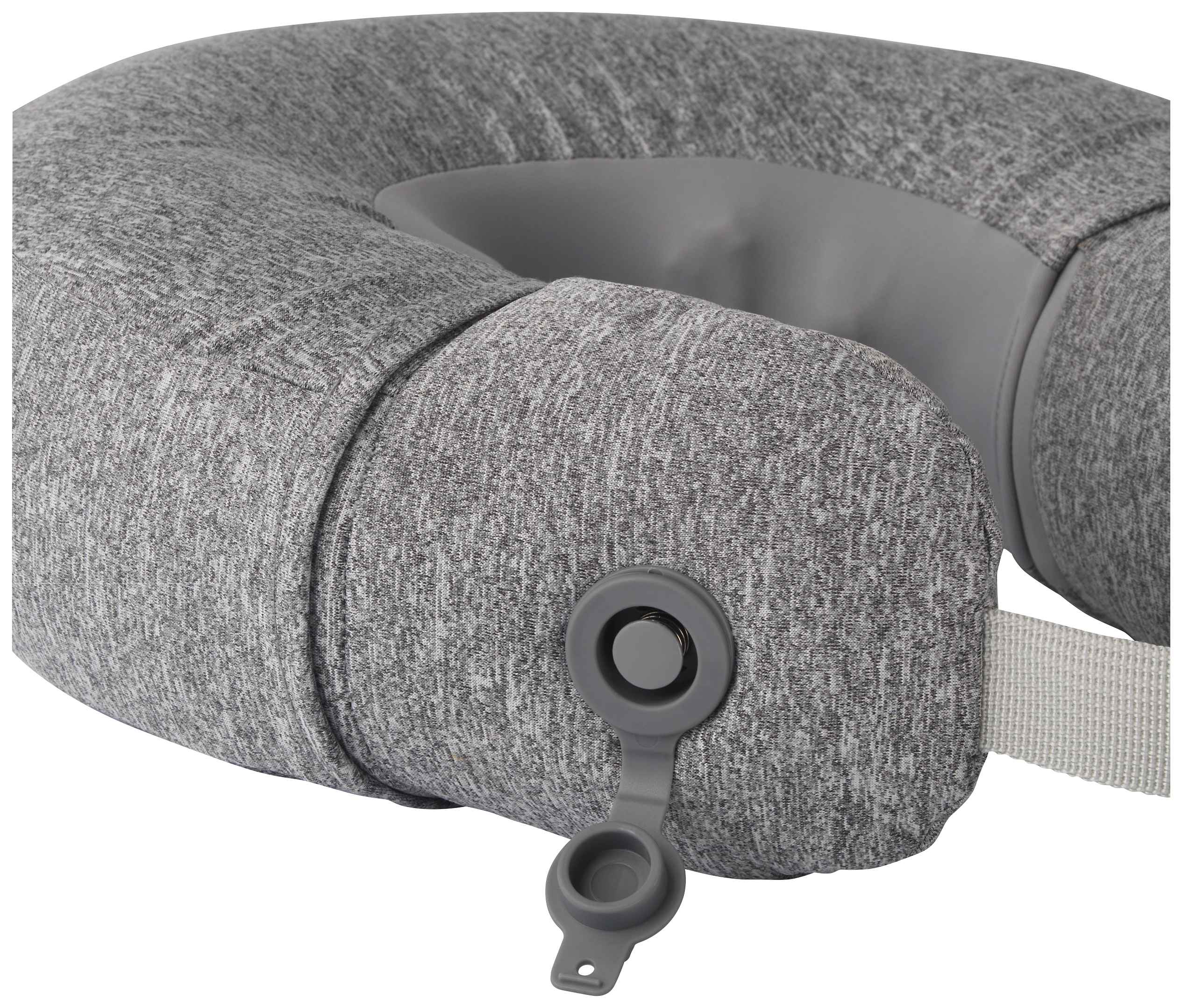 Travel neck pillow in grey with a grey inflation valve. Ideal for supporting the neck during travel.