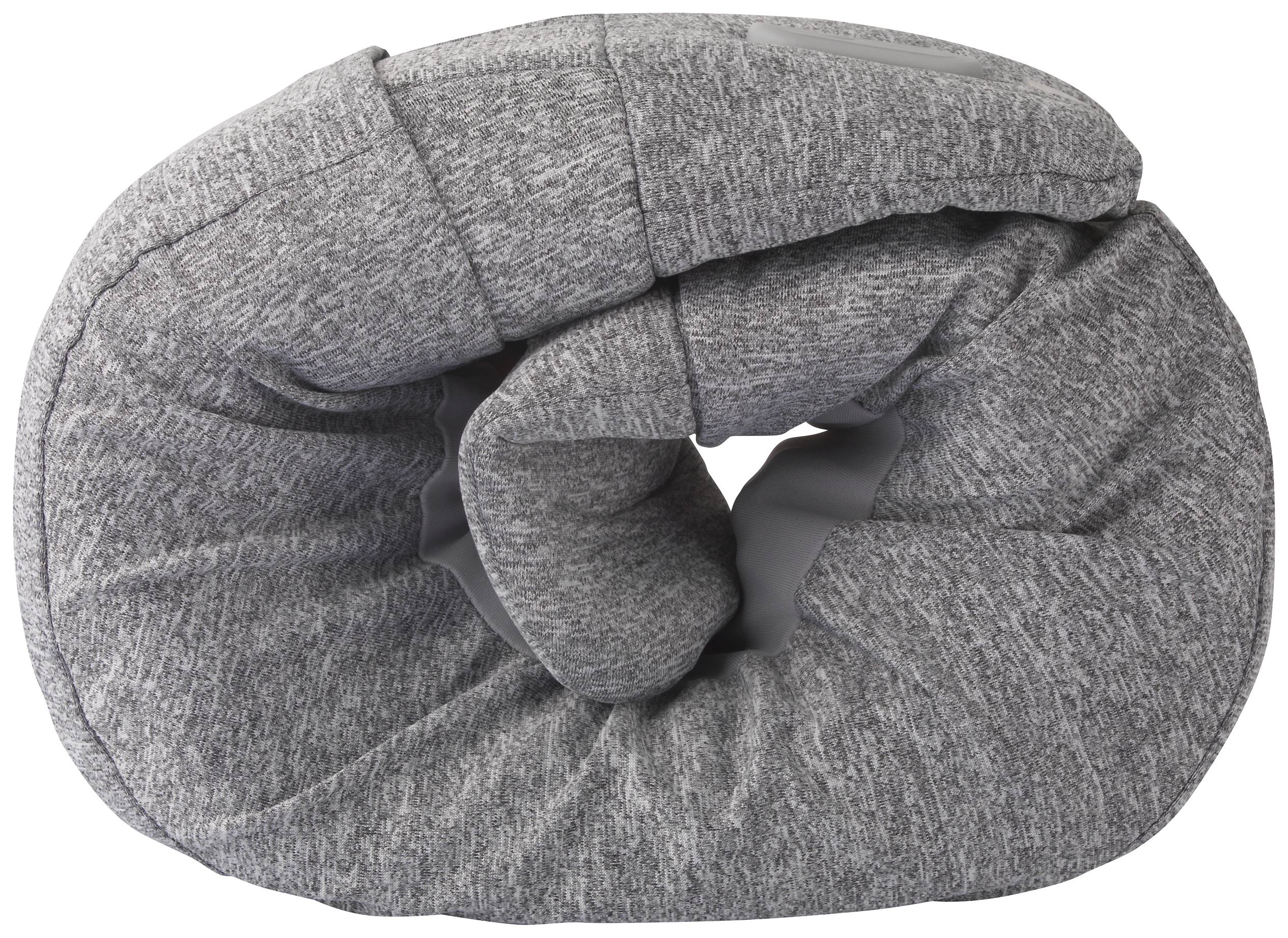 Soft grey neck pillow, rolled and plushly padded, perfect for travelling.