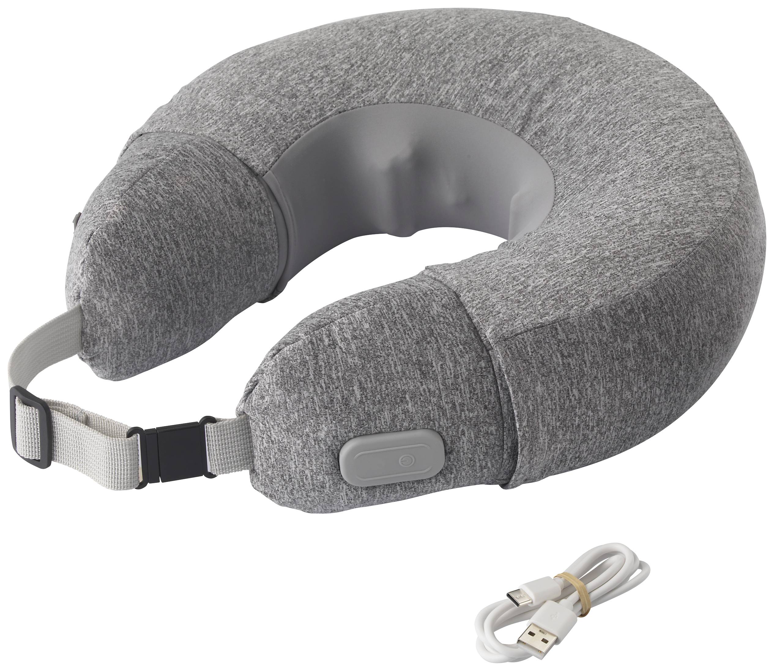 Grey fabric neck pillow with a fastening buckle and USB cable, suitable for travelling and on the go.