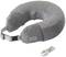 Grey fabric neck pillow with a fastening buckle and USB cable, suitable for travelling and on the go.