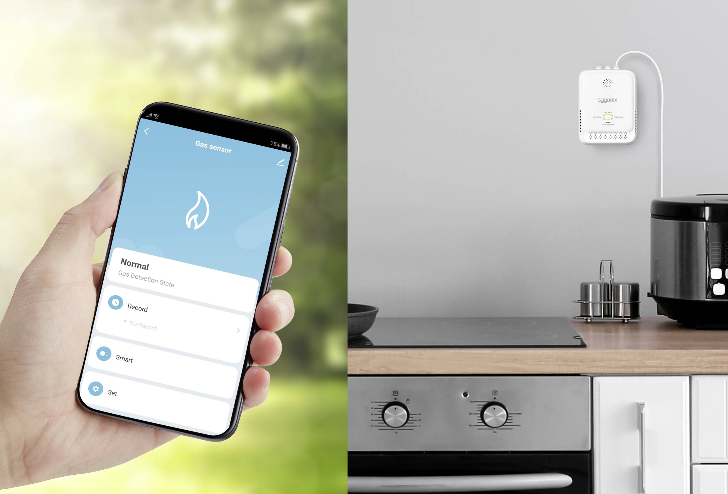 A hand is holding a smartphone with a gas warning app. On the right, a gas detector is mounted on the kitchen wall.