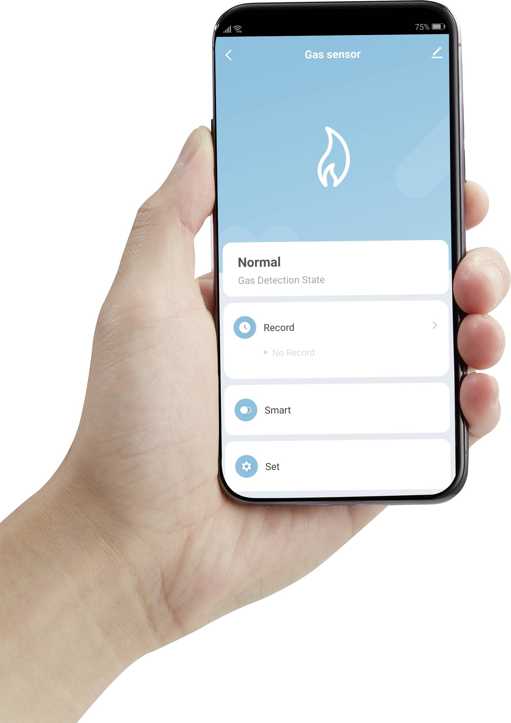 A hand is holding a smartphone with a screen displaying a gas detector app. Status: 'Normal'. Options: 'Record', 'Smart', 'Settings'.