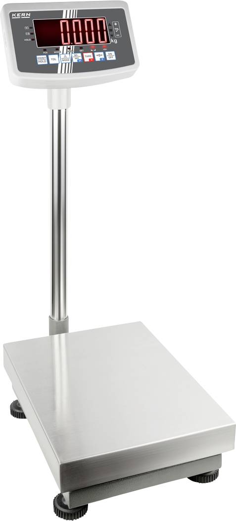 Electronic industrial weighing scale with large display on stand, showing '0.00'. Steel platform with four adjustable feet. Suitable for precise weight measurements.