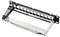 Metal rail with mounting brackets and slots, suitable for installing network equipment, identifiable by its earthing cable.