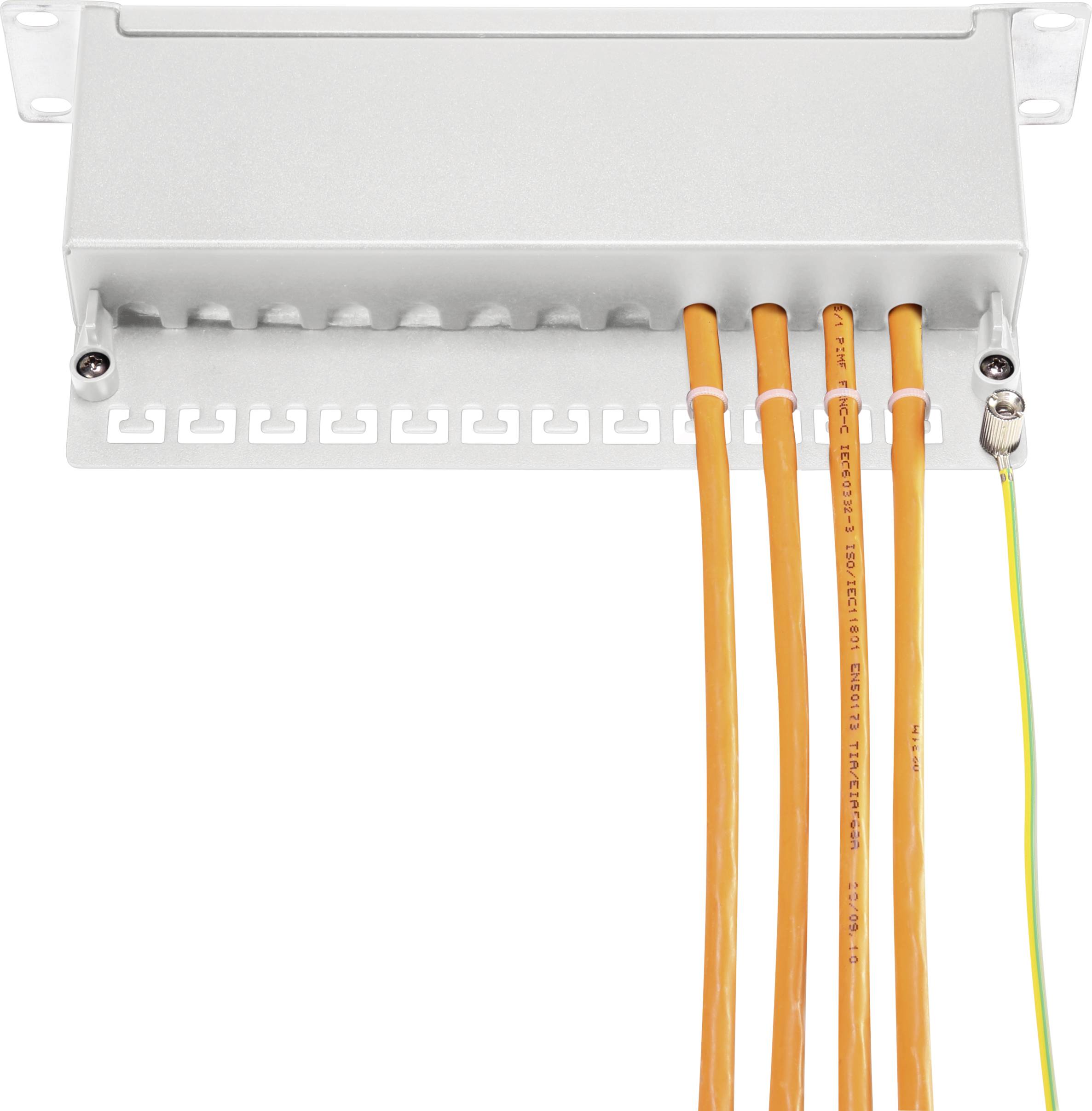 A grey wall-mounted enclosure with multiple incoming orange cables. An earth cable is attached on the right side.