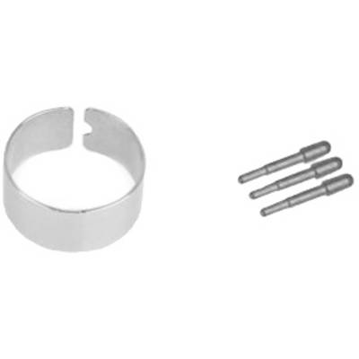 A metal ring beside three metal pins on a white background.