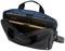 Black laptop bag with a laptop and a notebook inside, unzipped, carry handle on top, blue interior.