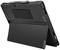 A black Lenovo tablet standing on a table with its stand unfolded. The brand name 'Lenovo' is visible on the back.
