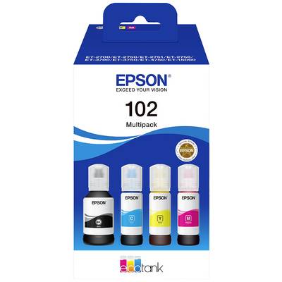 'Packaging of Epson 102 Multipack ink bottles in Black, Cyan, Yellow and Magenta. For models ET-2700, ET-2750 etc.'