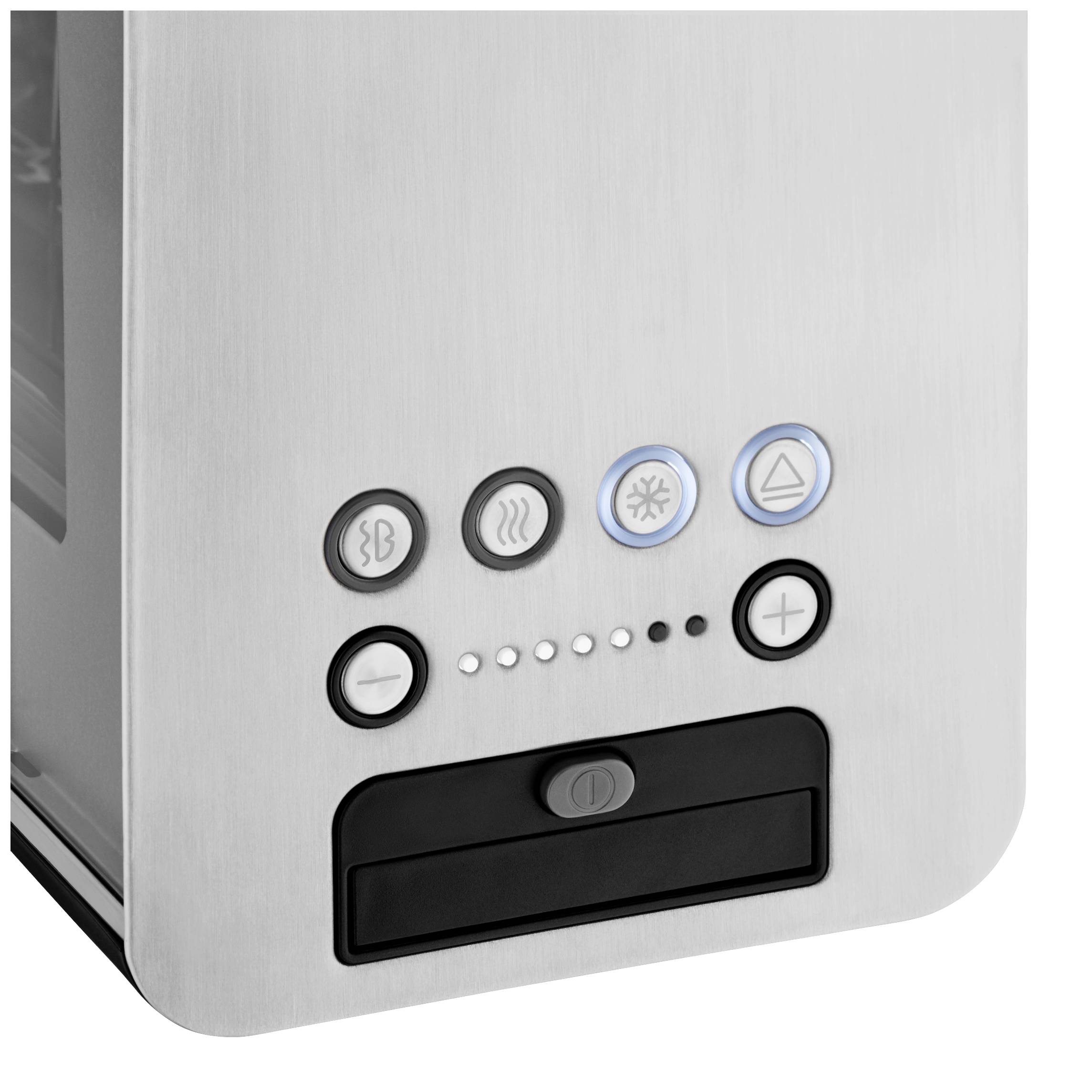 A stainless steel control panel displays several buttons: icons for a coffee cup, temperature, ice, and a water outlet.