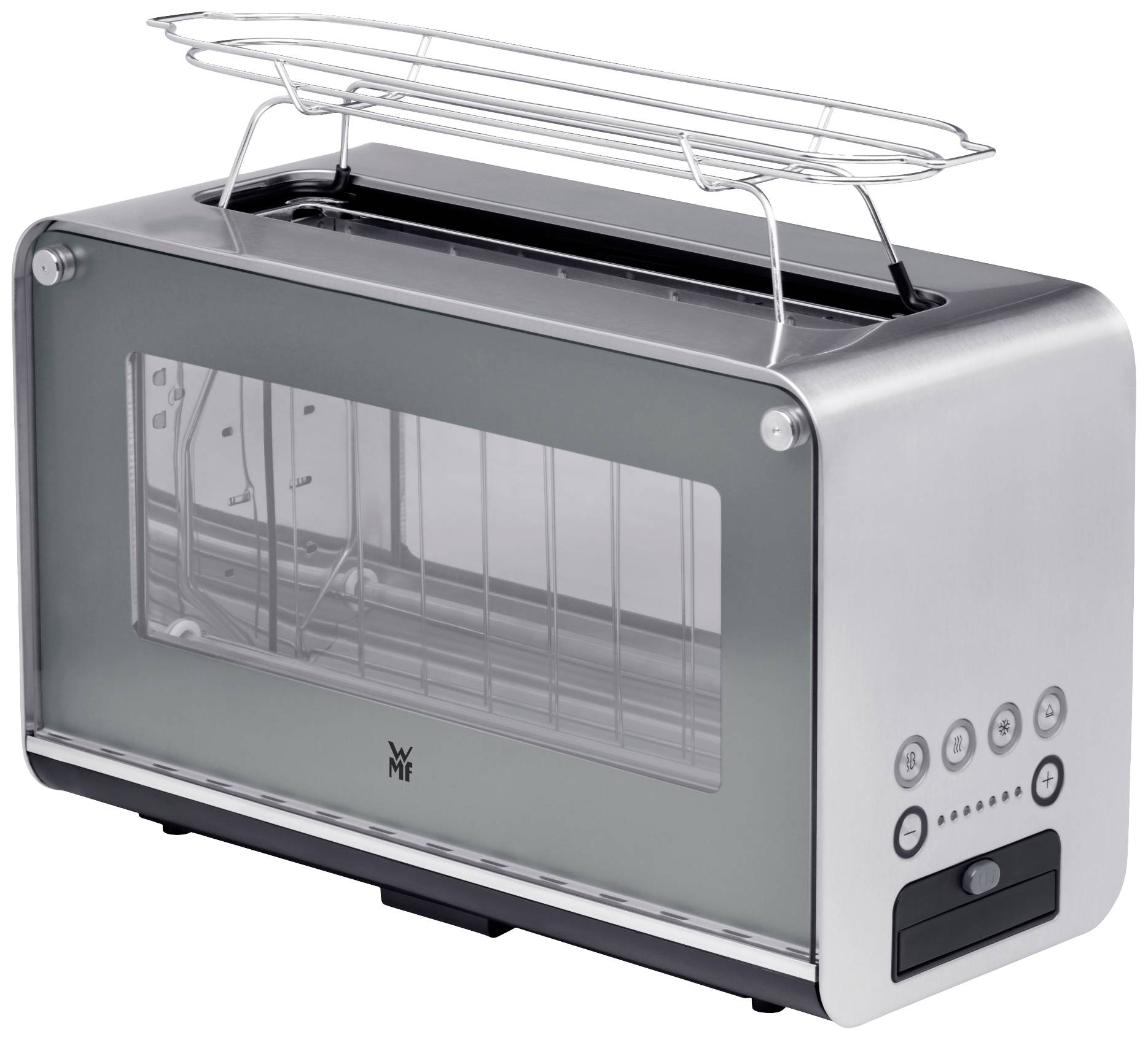 Silver toaster with glass elements and a bread roll attachment. Shows a toast control panel with controls on the right-hand side.