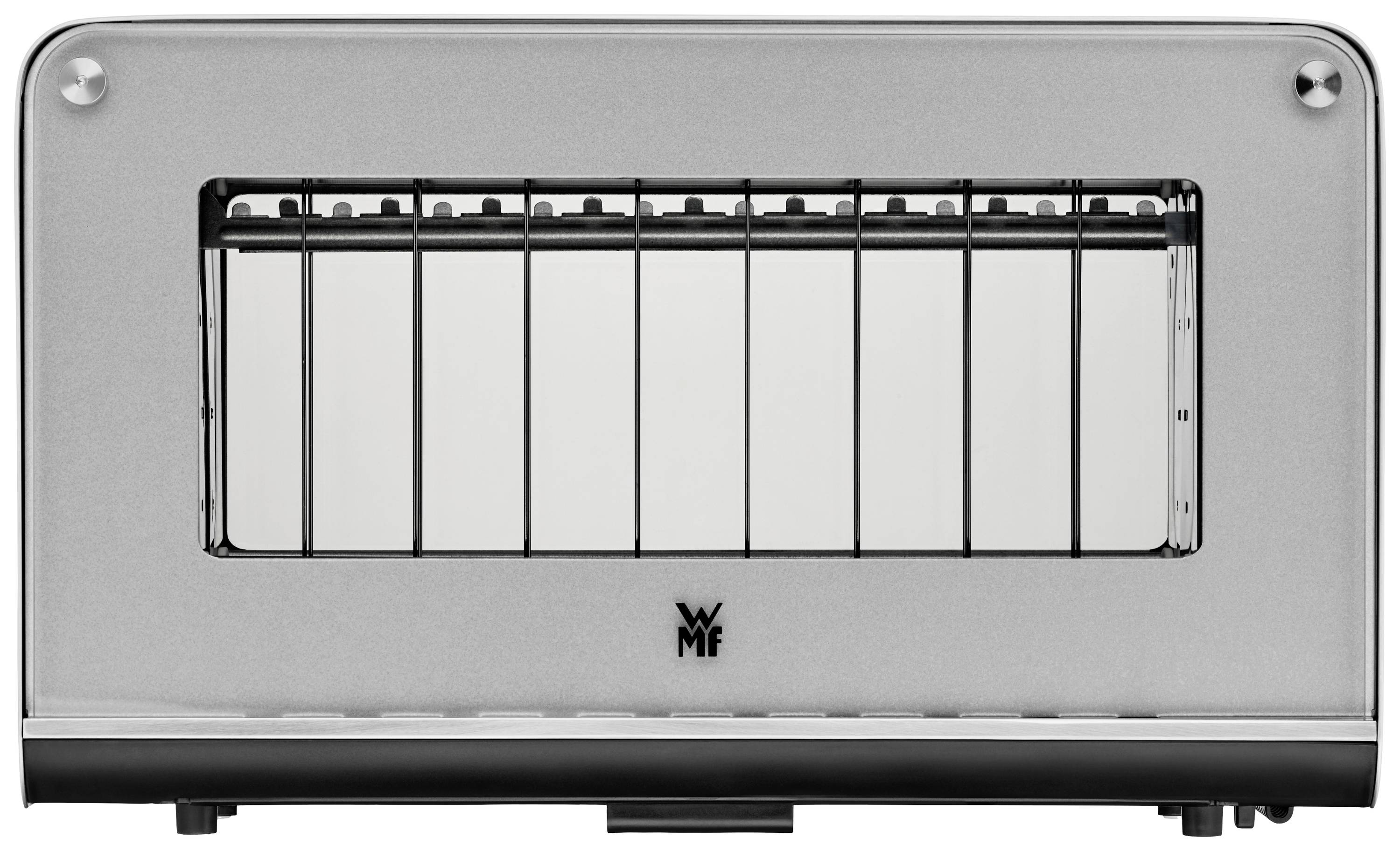 Silver toaster with a side viewing window, suitable for observing the toasting process. Brand: WMF.