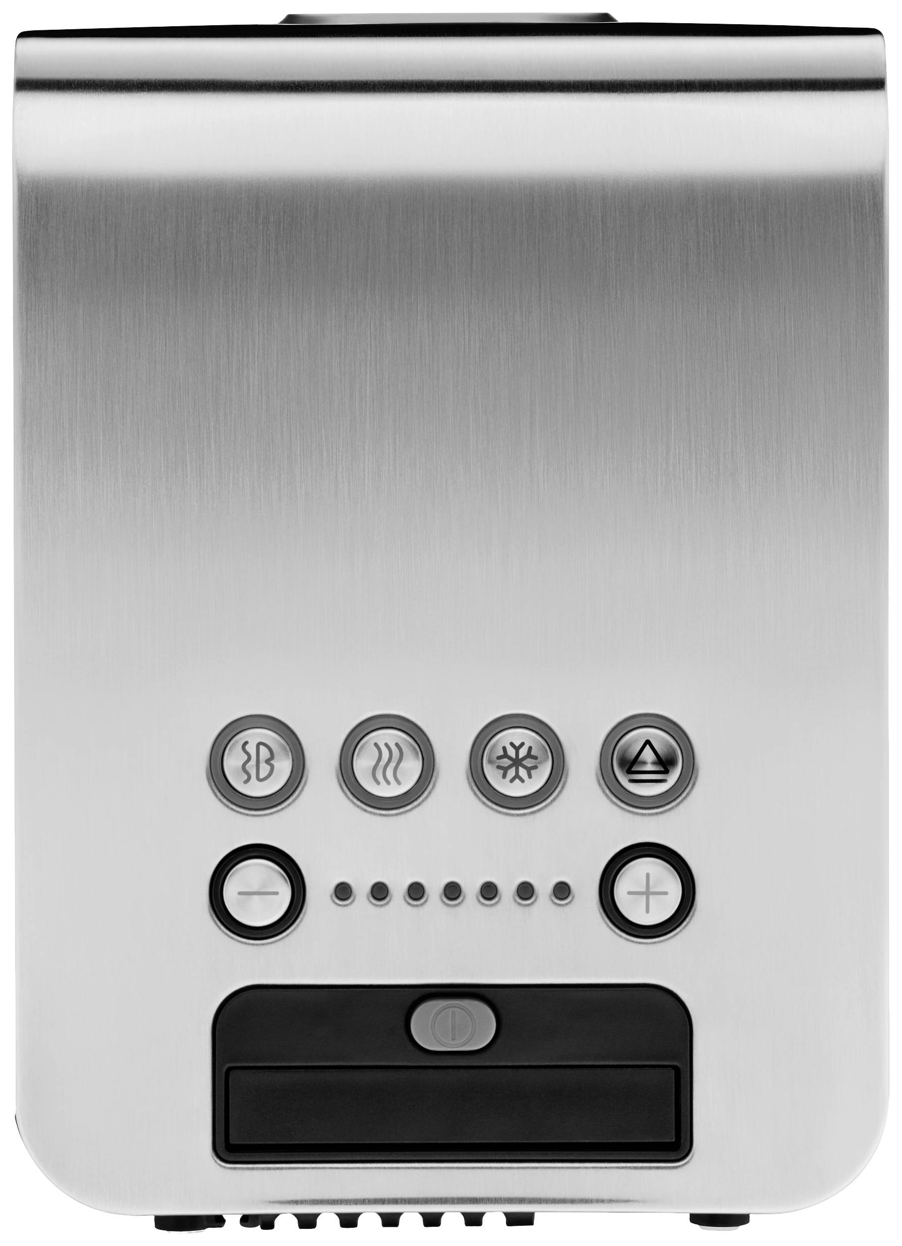 Silver kitchen appliance with six buttons for different settings: coffee, hot water, cold water, start/stop, and volume.