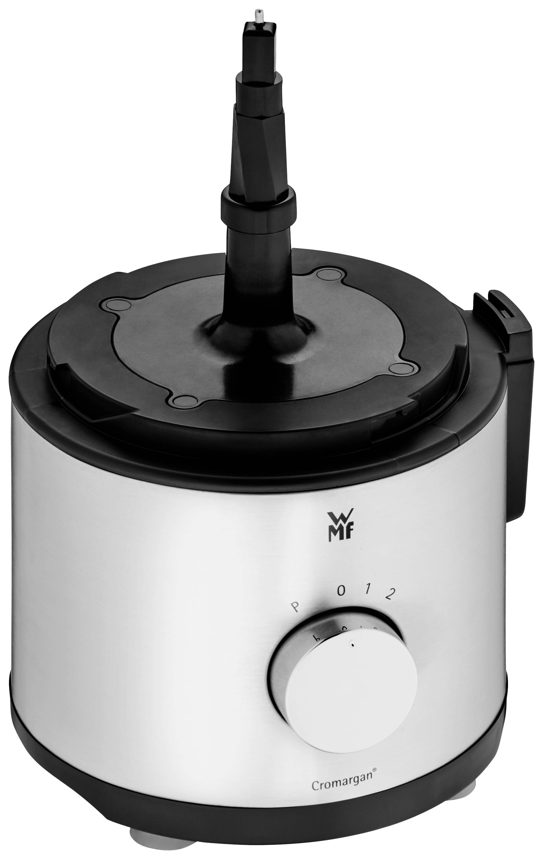 Silver kitchen mixer with a black attachment and a front rotary dial, marked with 'P 0 1 2'.