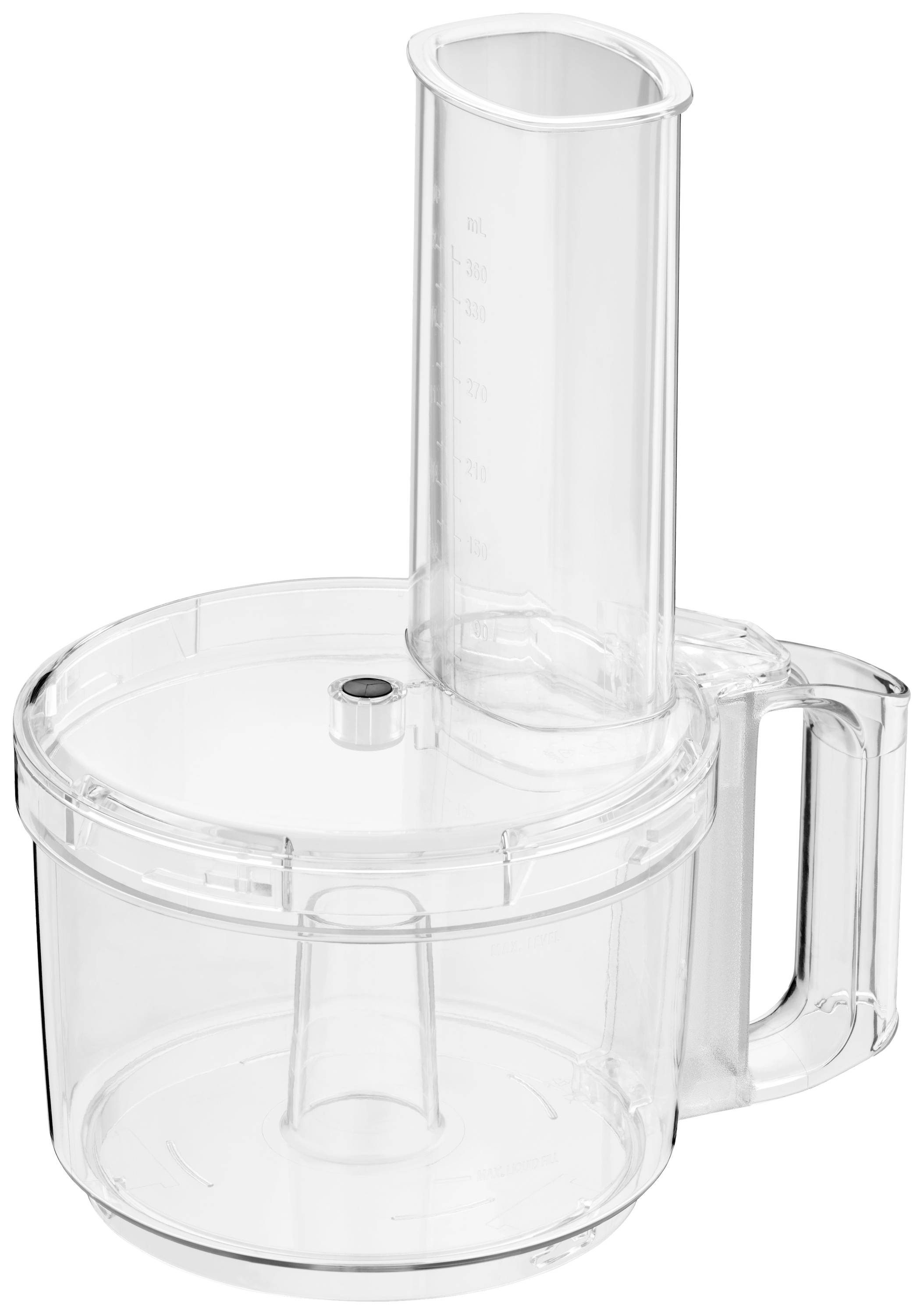 A transparent kitchen blender container with a handle and filling chute, standing on a white surface.