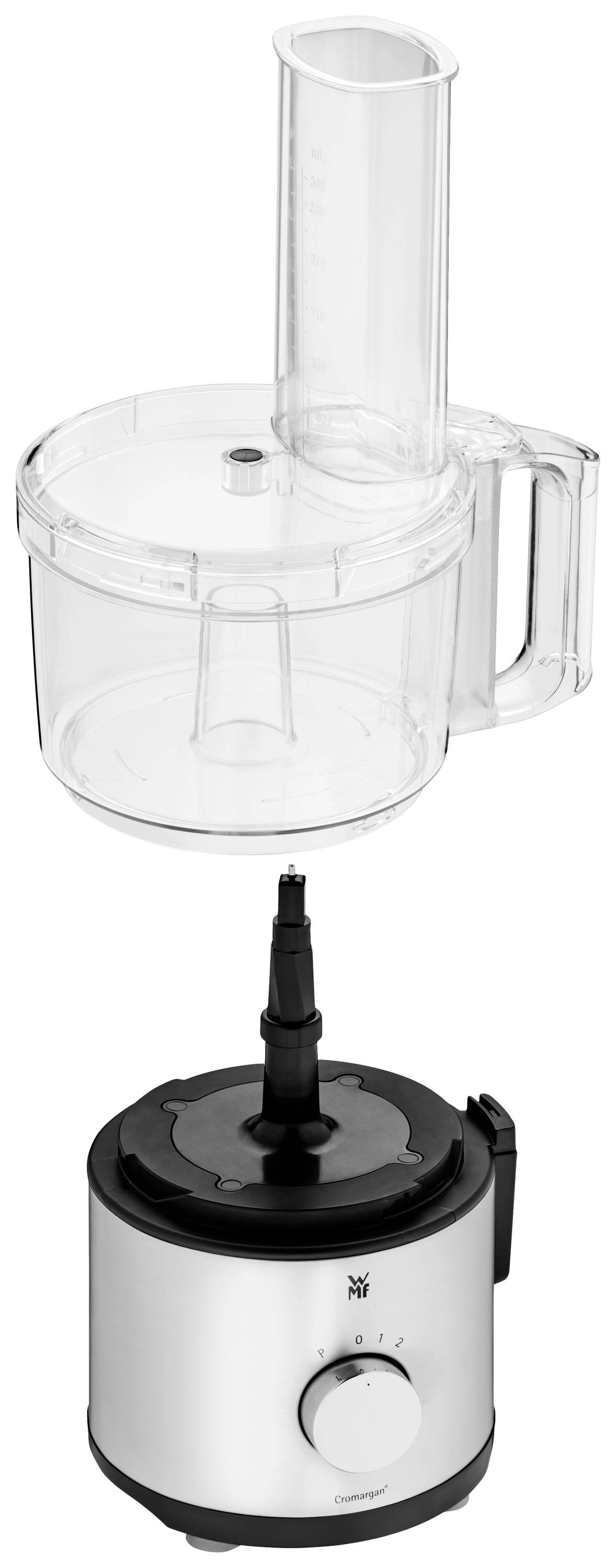 A transparent mixing container with a handle and filling opening, next to a silver food processor with a rotary dial.
