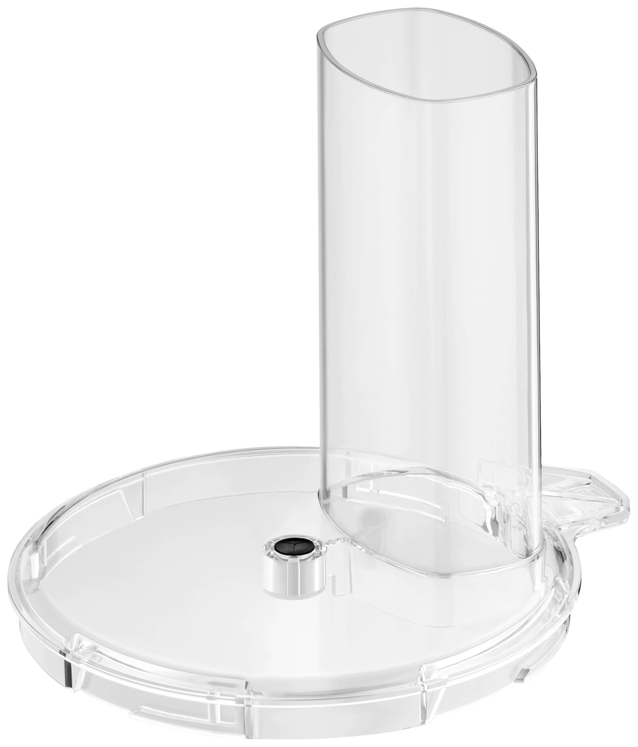 Transparent plastic lid with a tall, cylindrical filling neck, likely for a food processor.