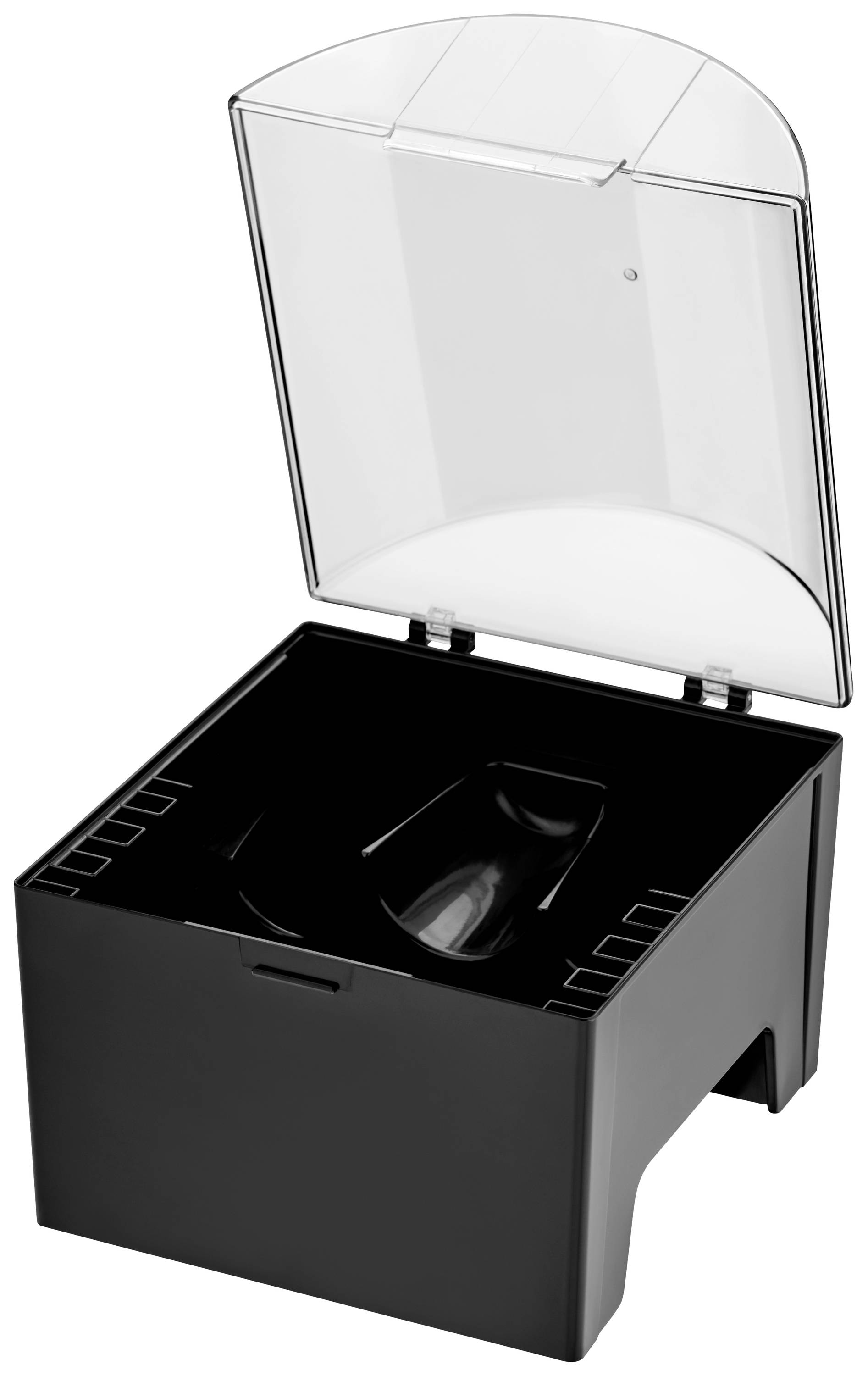 A black, square container with an open, transparent lid. The interior is black and shaped with a recessed design.