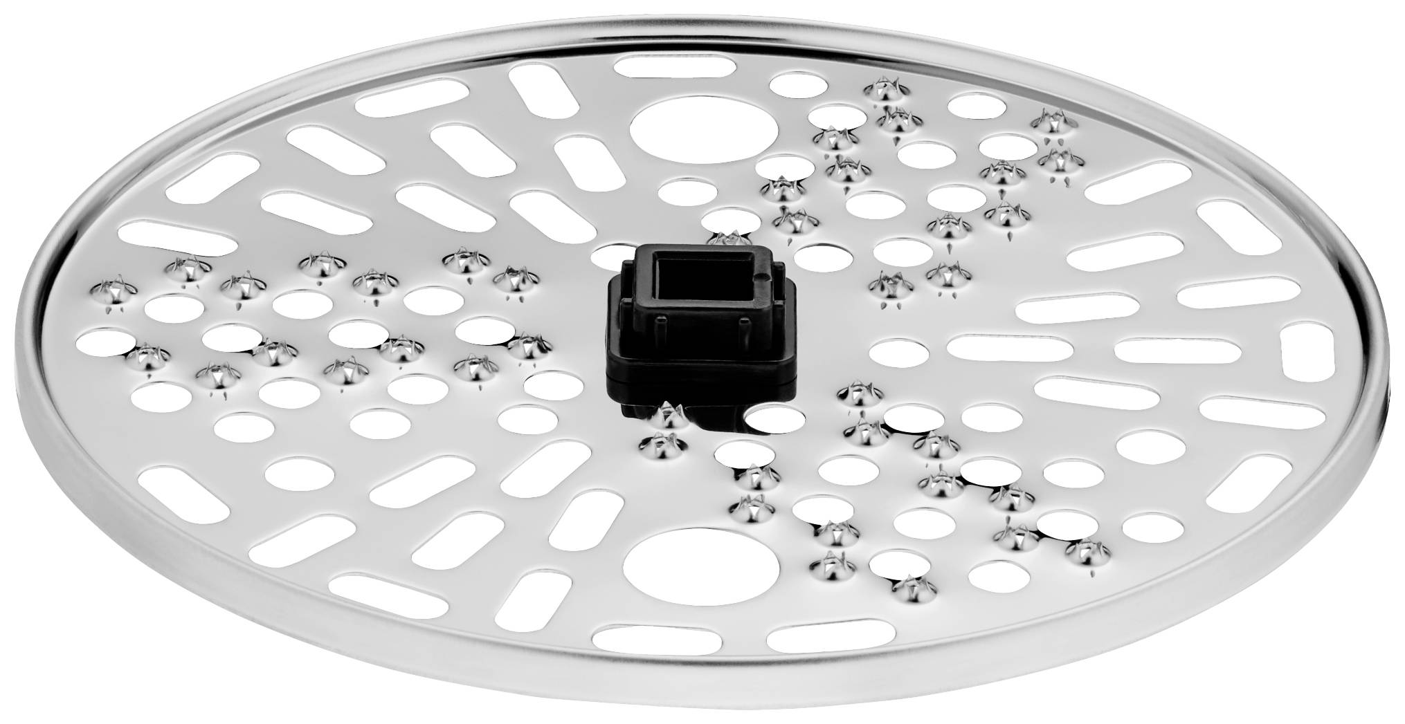 A round, silver metal disc with perforated patterns and a black square central section. Used for kitchen processing.