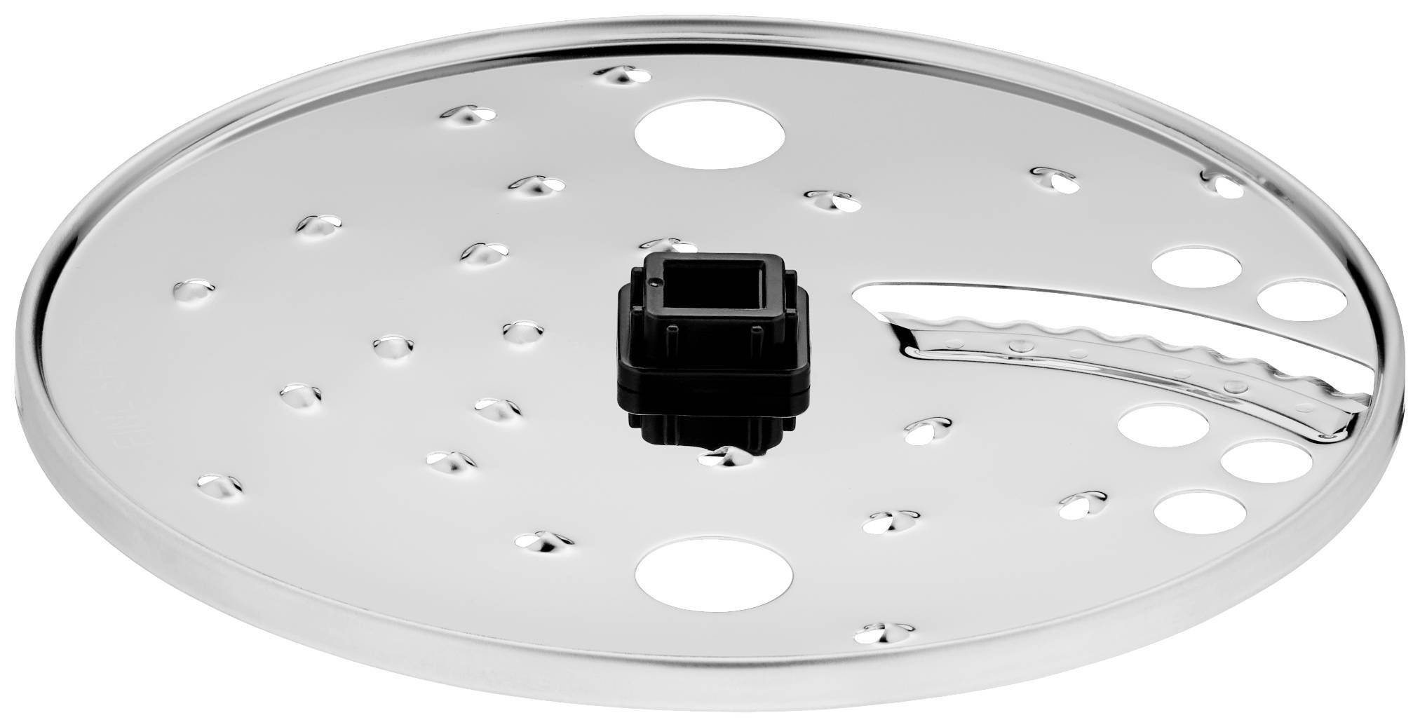 Metal disc with holes and a black square in the centre. It has a narrow, curved grip edge on one side.