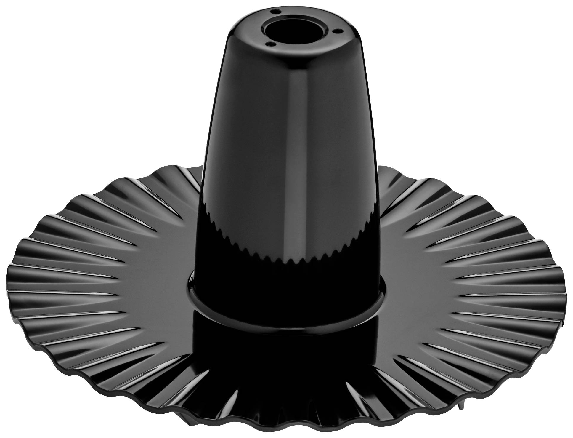A black candlestick with a fluted edge and a central, raised cylinder for placing a candle.