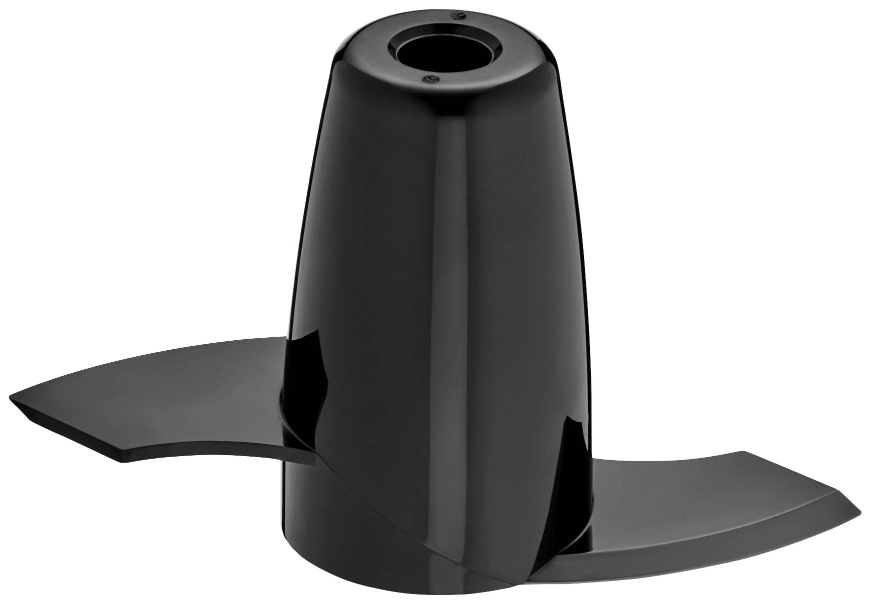 Black metal object with a conical shape and two flat wings at the base, potentially part of a machine component.