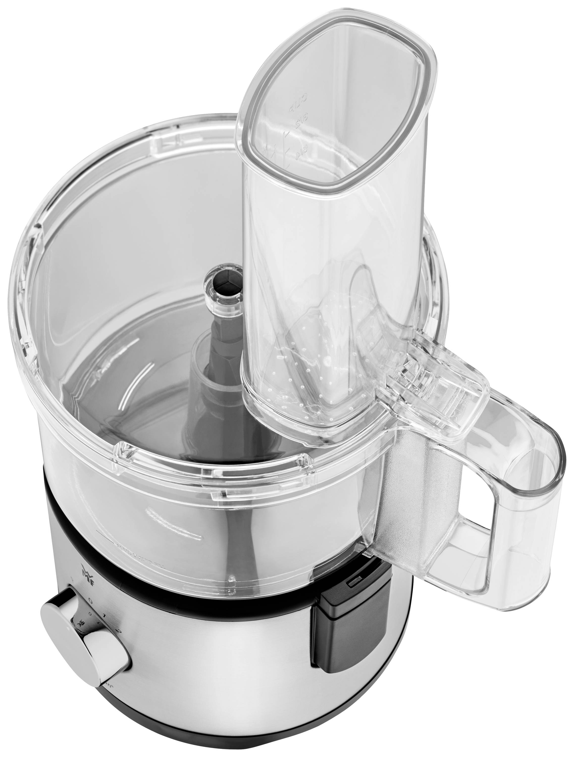 Food processor with a transparent container and large filling chute, suitable for chopping and mixing food ingredients.