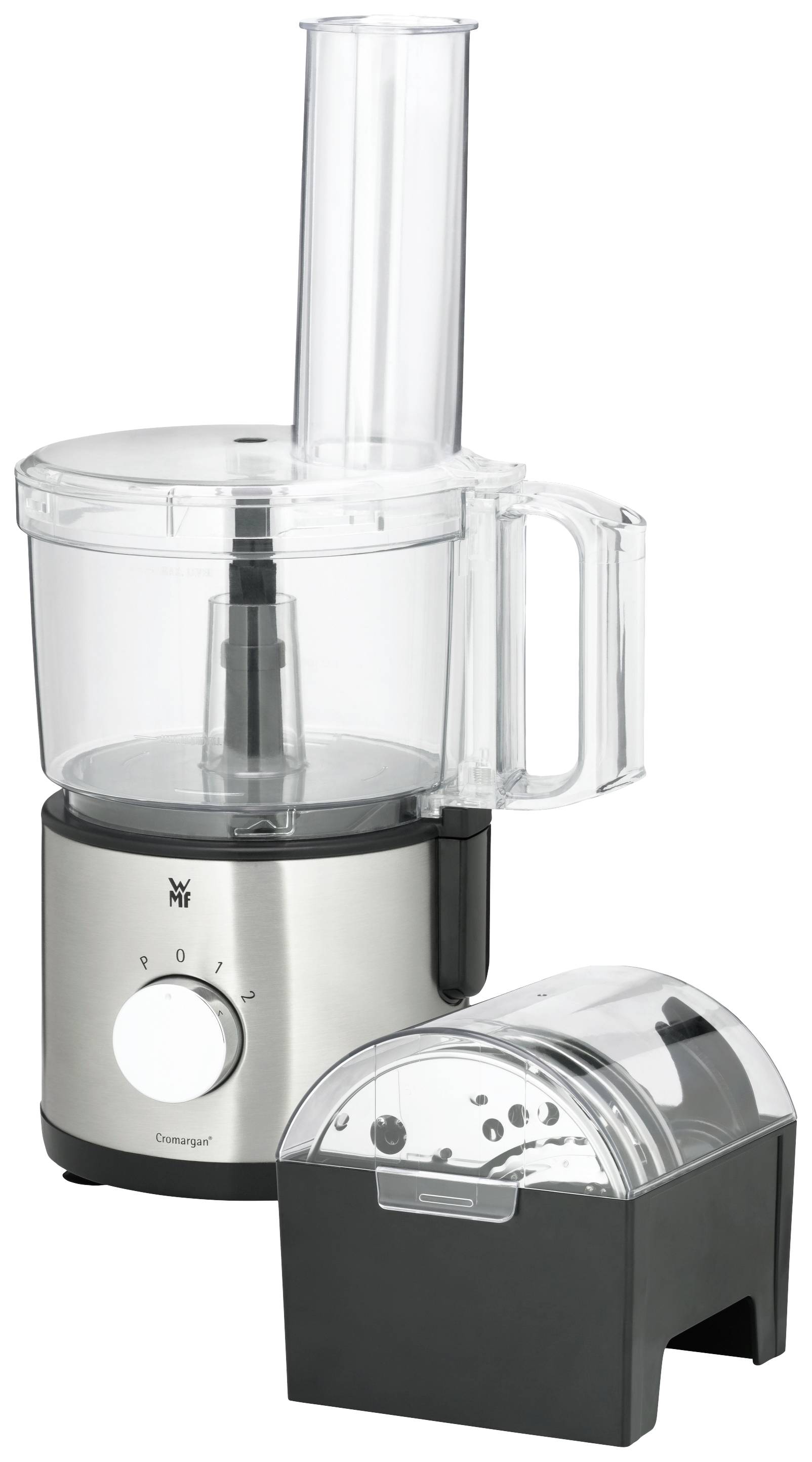 Stainless steel food processor with transparent lid, large handle, and various attachments for slicing and grating.