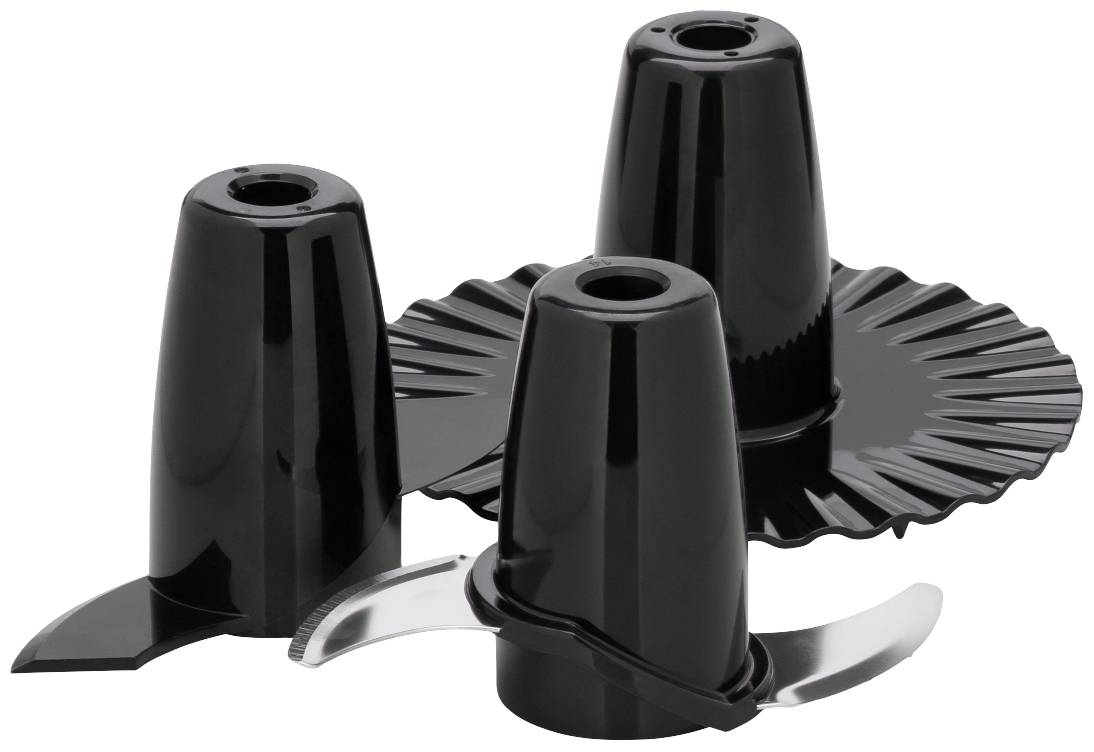 'Three black plastic attachments with blades, possibly for kitchen appliances, on a white background.'