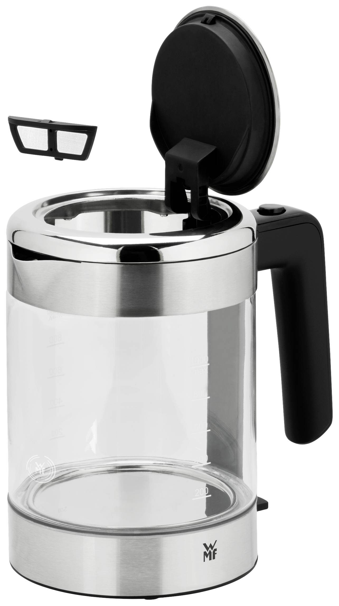 A stainless steel kettle with an open lid and removable filter, perfect for quickly heating water.