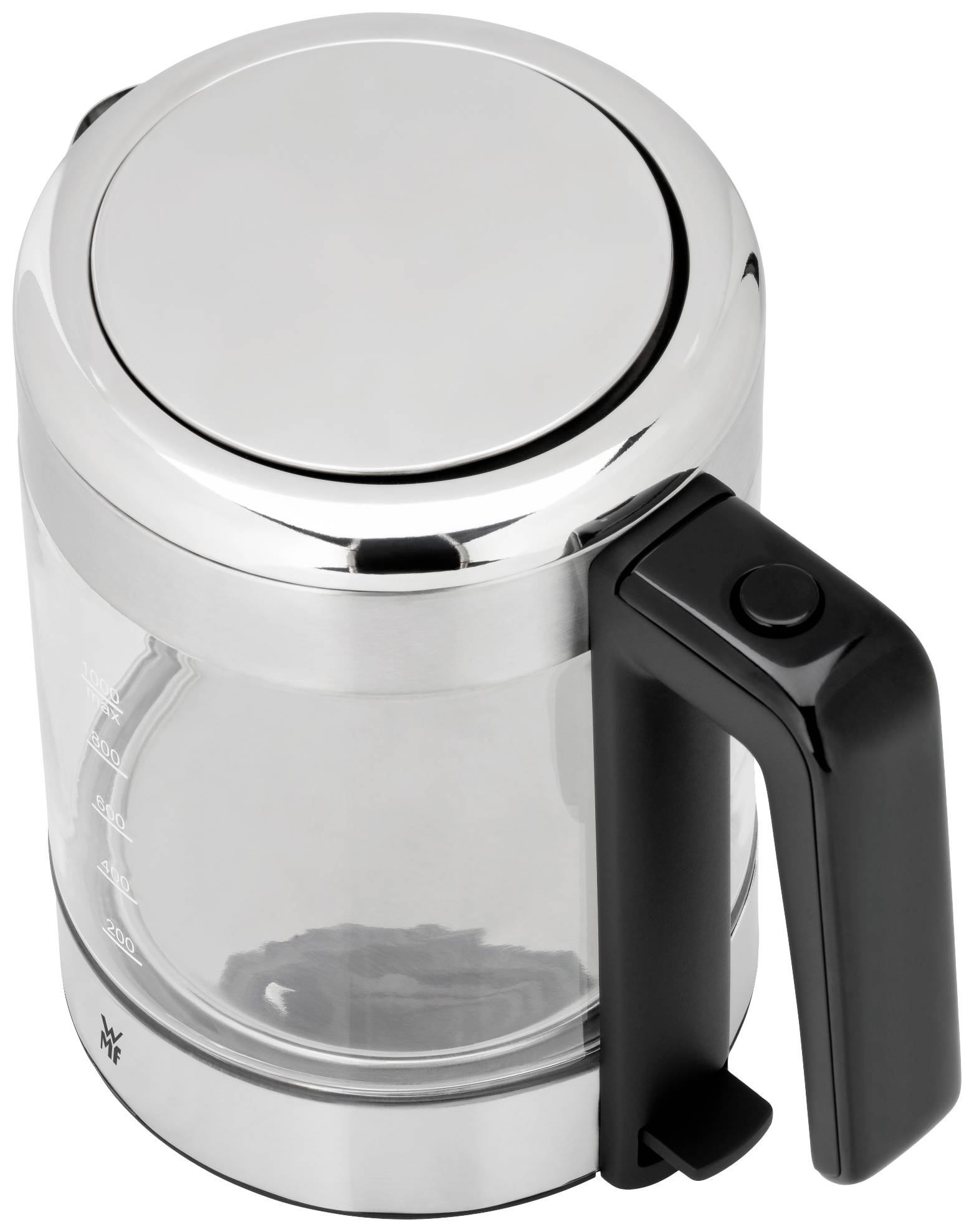 A silver and transparent kettle with a black handle, photographed from above.