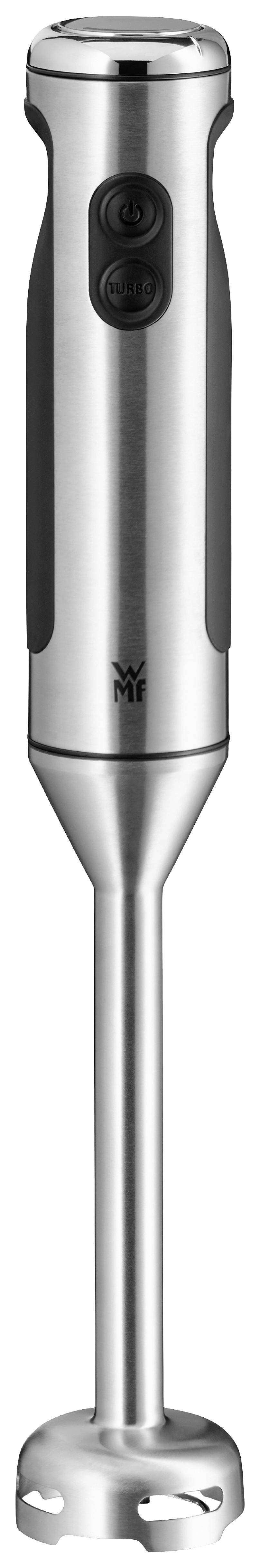 A silver stick blender in stainless steel finish with two control buttons, suitable for mixing and pureeing food in the kitchen.