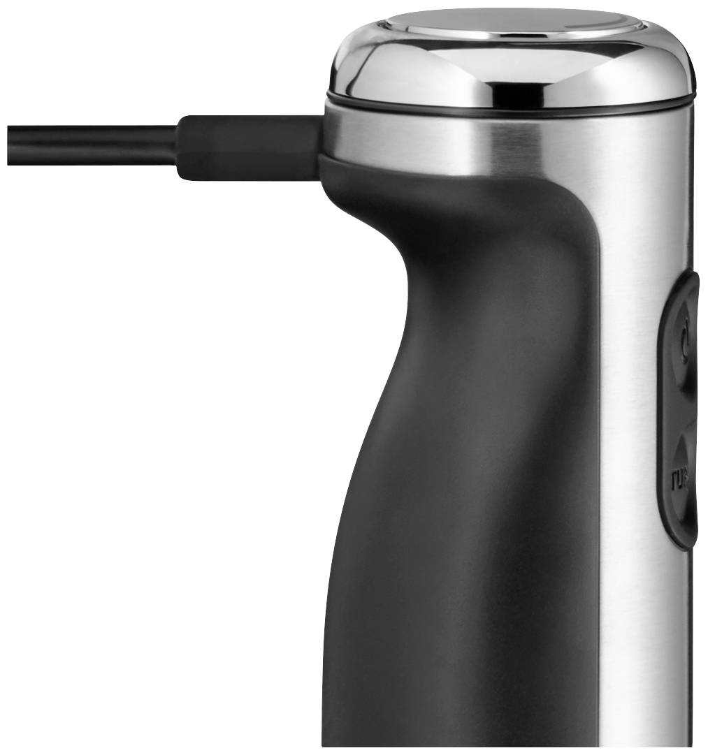 Electric kettle viewed from the side, with a black handle and silver top. Cable visible.