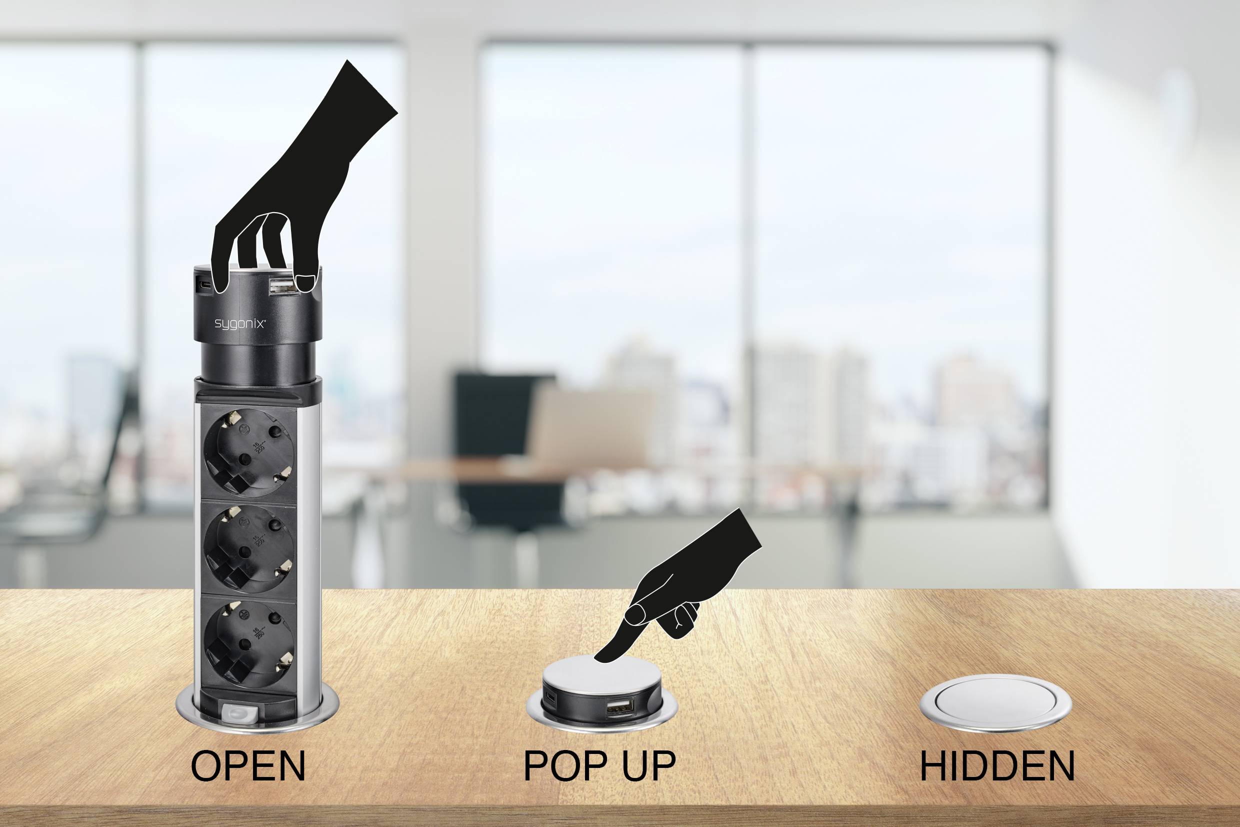 A retractable power strip is installed into a table. Three states: open, pop-up, hidden. Illustrates usage.
