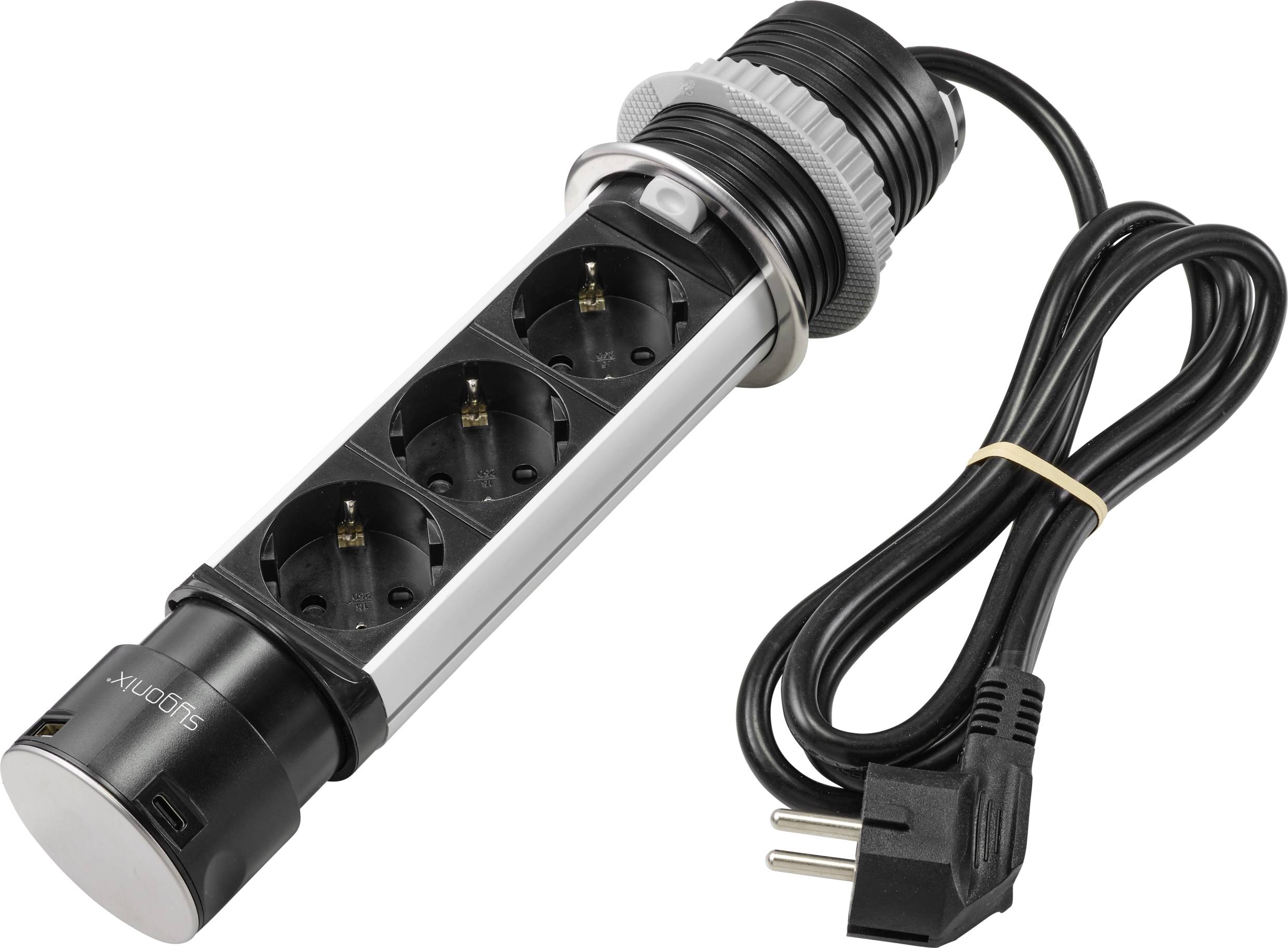 Multi-socket extension with three Schuko power outlets and cable. Suitable for installation in worktops or tabletops. Black and silver design.