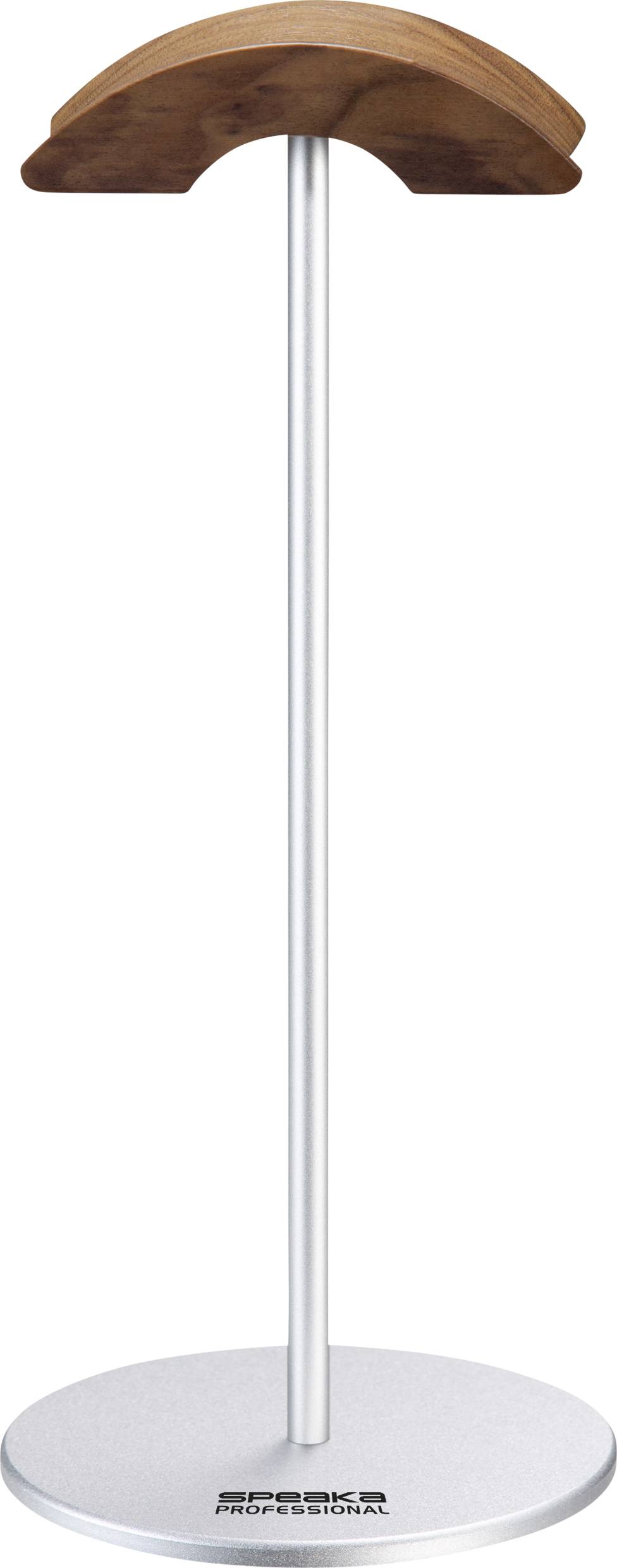 Metal headphone stand with a semi-circular wooden surface.