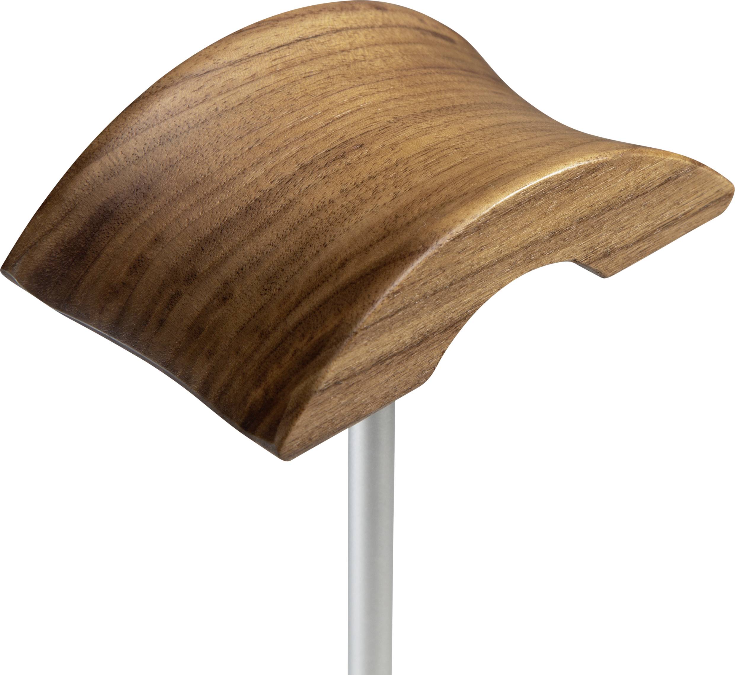 Handle of a walking stick, crafted from dark brown wood, curved and smooth, mounted on a slender silver shaft.