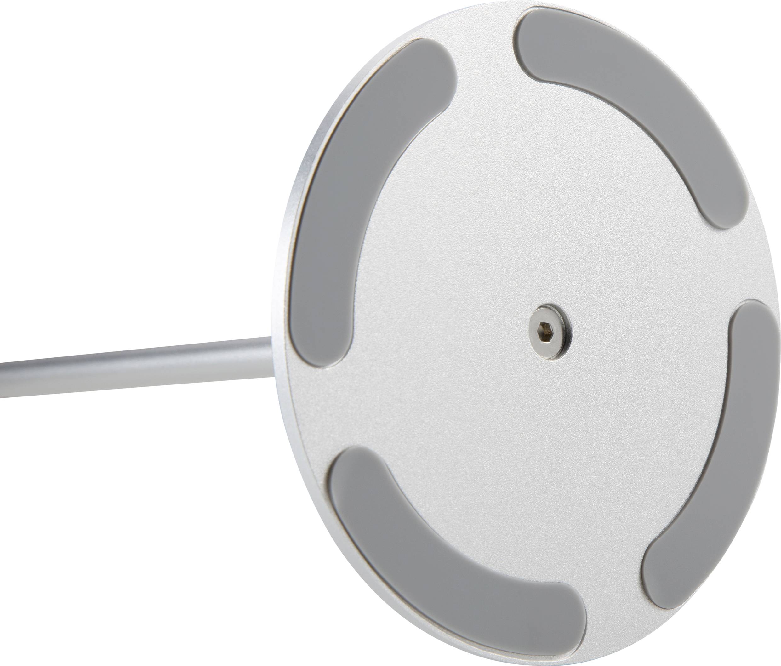 A round silver metal element with four grey cushions and a central hole, attached to a rod.