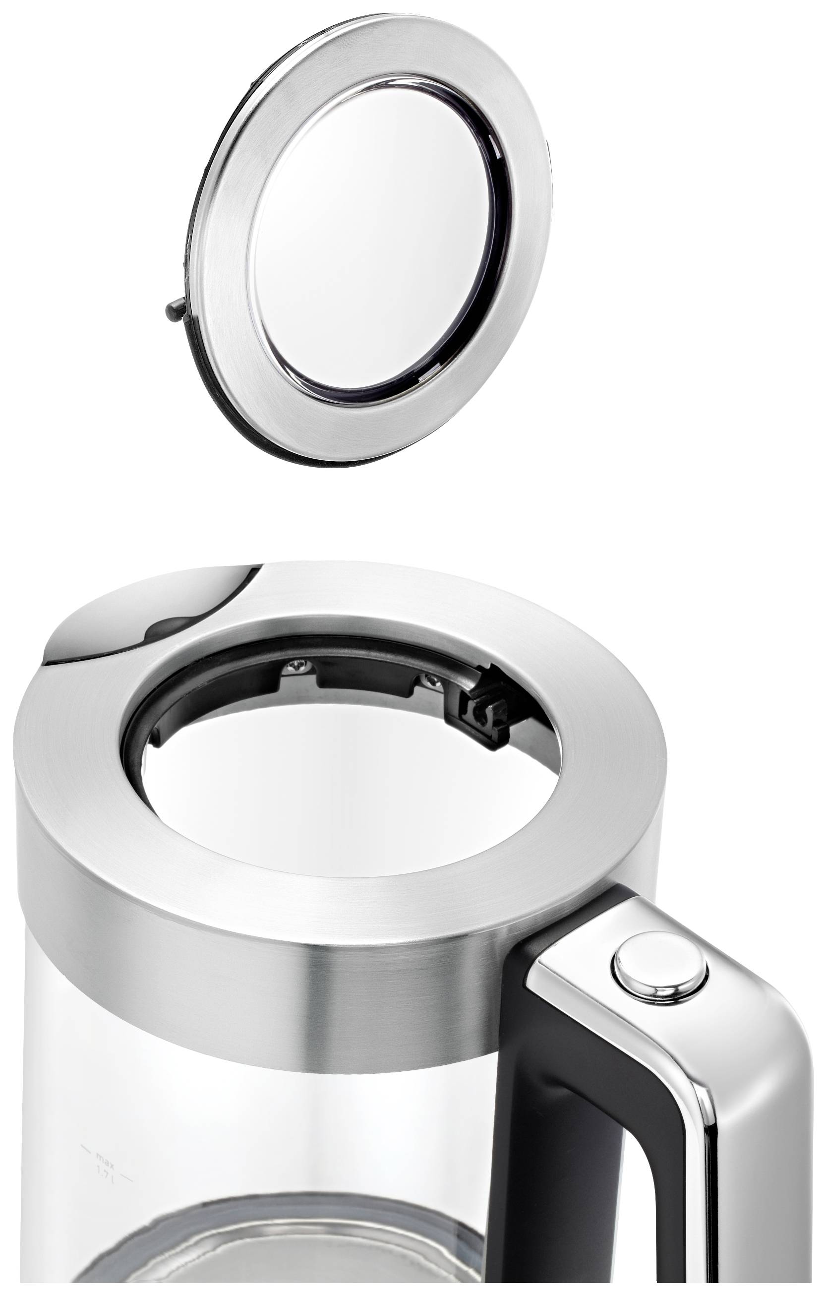 Electric kettle with the lid removed, showing the open glass container and the removable lid beside it.