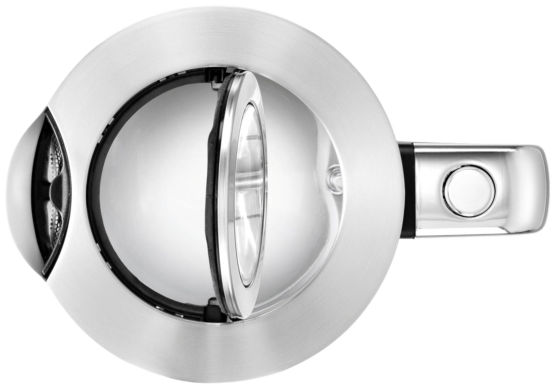 Top view of an open, silver kettle with handle on the right. Lid slightly ajar, revealing the inner water tank.