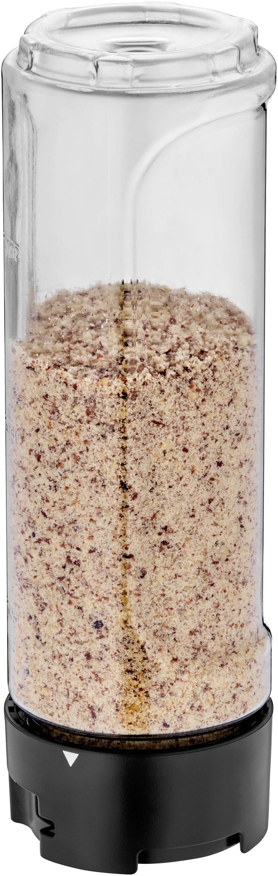 Transparent container with granular contents on a black base. Possibly a spice mill or container for spices.